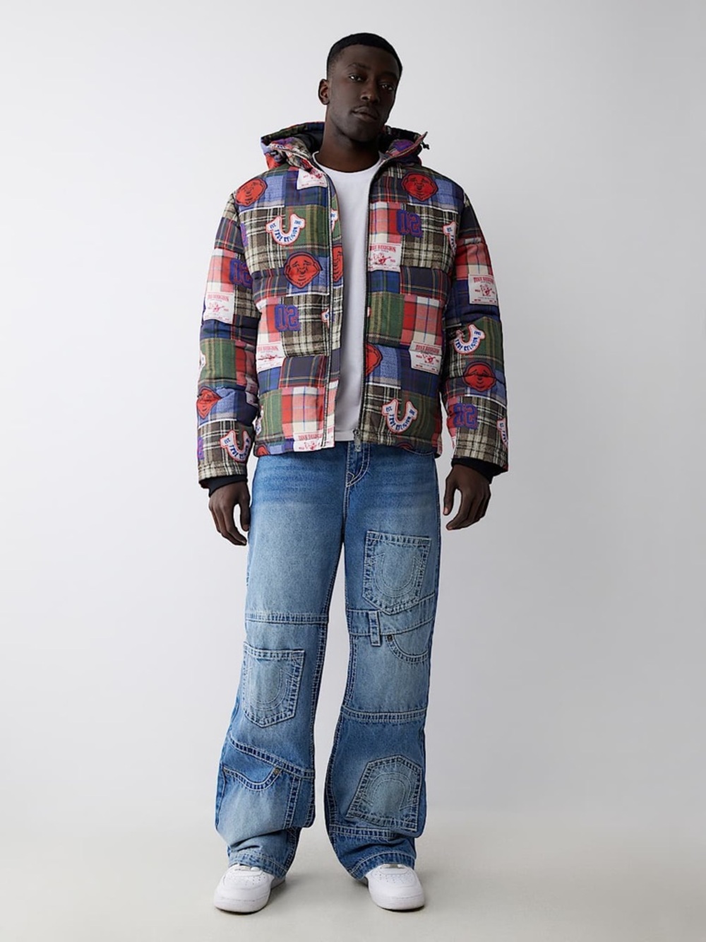 True Religion Plaid Patchwork Puffer Jacket Serape Print Size M - Picture 8 of 8